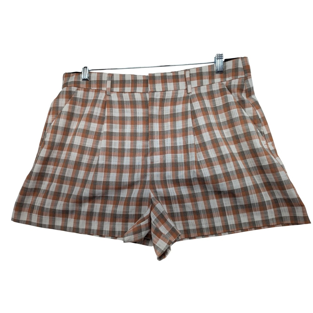 Nine West Womens Large Plaid High Rise Pleated Shorts Rust Orange Brown White